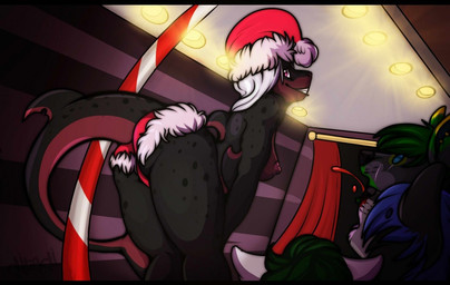 anthro areola being_watched bent_over blood bodily_fluids breasts brown_body brown_skin christmas_clothing christmas_headwear clothed clothing female group hair hat headgear headwear holidays inside looking_at_another looking_at_viewer looking_back nipples non-mammal_breasts nosebleed panties pole santa_hat smile solo_focus stripper_pole teeth topless underwear white_hair nitani christmas aquatic fish shark digital_media_(artwork) shaded