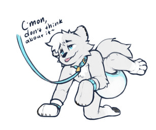 all_fours ambiguous_gender anthro bdsm black_pawpads blue_collar blue_leash bondage_gear bondage_gloves clean_diaper clothed clothing collar collar_tag dialogue diaper encouragement fur hair handwear imminent_urine imminent_wetting leash leashed_collar leg_markings markings narrowed_eyes offscreen_character pawpads petplay raised_leg roleplay simple_background socks_(marking) solo tail text tilde_after_text tongue tongue_out walkies wearing_diaper white_background white_body white_clothing white_fur white_hair white_handwear white_tail neemitenaide santamccloud canid canine canis mammal wolf 2024 english_text hi_res