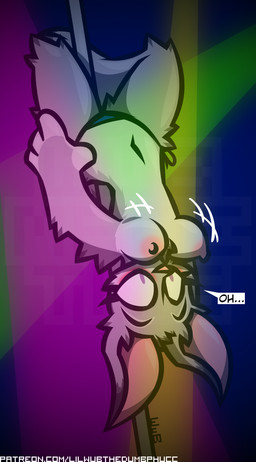 anthro blush breasts clothed clothing dancing female fluffy looking_down nipples pink_nose pole pole_dancing purple_eyes solo speech_bubble surprised topless topless_female upside_down wub_(artist) disney zootopia judy_hopps lagomorph leporid mammal rabbit hi_res signature watermark