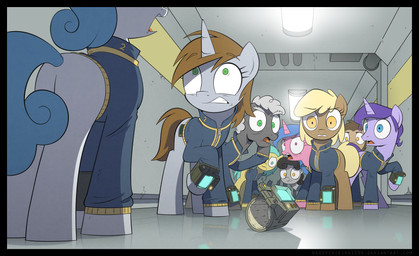 alternate_universe black_border border clothing female feral group horn pip-boy wandrevieira1994 fallout fallout_equestria hasbro microsoft my_little_pony mythology fan_character littlepip equid equine horse mammal mythological_creature mythological_equine pony unicorn 2017 absurd_res hi_res story story_in_description