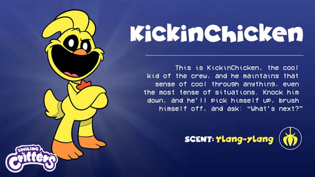 anthro beak chicken_legs feathers greeting male pendent simple_background solo star_pendant star_symbol tail text yellow_body unknown_artist mob_entertainment poppy_playtime smiling_critters kickinchicken avian bird chicken critters_(poppy_playtime) galliform living_toy mammal phasianid digital_media_(artwork) english_text official_art widescreen