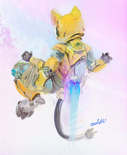 ambiguous_gender black_hands black_tail feet flying grey_feet jet_pack machine rear_view simple_background solo tail yellow_arms yellow_body yellow_ears yellow_legs oselotti robot hi_res signature