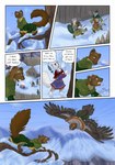 2022 ambiguous_gender anthro arctic_fox attack avian biped bird bjekkergauken bow_(weapon) brown_body brown_fur brown_tail canid canine canis clothing colored comic day dialogue dialogue_box english_text flying fox fur green_clothing group gulonine hi_res male mammal marten melee_weapon mustelid musteline outside pine_marten polearm ranged_weapon shirin_(bjekkergauken) size_difference snow spear speech_bubble tail text true_fox unni_(bjekkergauken) weapon white_body white_fur white_tail wolf