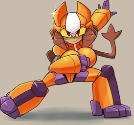 anthro armor big_breasts boob_armor breasts clothed clothing female looking_at_viewer pose scene_parody shadow simple_background smile solo sparkles tail ichduhernz capcom gameoverse glitch_productions mega_man_(series) kit_bodega domestic_cat felid feline felis mammal 2026 hi_res