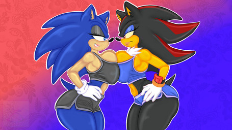 anthro athletic big_breasts black_body black_bottomwear black_clothing black_crop_top black_fur black_pants black_quills black_shirt black_topwear blue_background blue_body blue_bottomwear blue_clothing blue_crop_top blue_fur blue_pants blue_quills blue_shirt blue_topwear bottomwear breast_squish breasts breasts_frottage cleavage close_together clothed clothing confident crop_top crossgender curvy_figure deep_cleavage duo face_to_face female fingerless_gloves fur gloves gradient_background half-closed_eyes handwear huge_breasts looking_at_another looking_at_viewer midriff mtf_crossgender multicolored_body multicolored_fur narrowed_eyes one_eye_closed orange_wristband pants purple_background red_background red_body red_fur red_quills red_wristband rivalry rivals seductive shirt shorts simple_background skirt smile smirk solo_focus squish teasing thick_thighs tight_bottomwear tight_clothing tight_pants topwear two_tone_body two_tone_fur voluptuous white_clothing white_gloves white_handwear wide_hips wink wristband yellow_body yellow_fur shqnnyhere sega sonic_the_hedgehog_(series) shadow_the_hedgehog sonic_the_hedgehog eulipotyphlan hedgehog mammal 16:9 digital_media_(artwork) widescreen