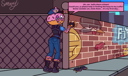 asking_for_help belt black_boots black_clothing black_footwear black_topwear black_vest blue_bottomwear blue_clothing blue_eyes blue_jeans blue_pants blue_shirt blue_topwear blush blush_lines boots bottomwear bound brick brick_wall broken_glasses butt chain chained chained_cuffs chained_to_pole clothing cuff_(restraint) denim denim_bottomwear denim_clothing dessert dialogue doughnut embarrassed eyebrows eyelashes eyewear female fence fingerless_gloves food footwear glasses gloves graffiti greeting handcuffed handcuffed_to_pole handcuffs handwear hat headgear headwear jeans looking_at_viewer looking_back looking_back_at_viewer metal_cuffs open_mouth open_smile pants pastry pink_body police police_officer purple_eyelids raised_eyebrow rear_view restraints service shirt shoes sidewalk smile solo speech_box sprinkles sunglasses tan_body text topwear vest wall_(structure) wavy_mouth wavy_smile smokey_the_menish epic_games fortnite the_simpsons bart_simpson constable_sprinkle_(fortnite) meow_skulls food_creature food_humanoid humanoid 2026 5:3 absurd_res english_text hi_res signature