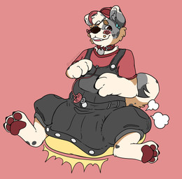anthro big_diaper big_hands bodily_fluids clothed clothing collar diaper genital_fluids hat headgear headwear male nervous nervous_smile overalls pacifier shortalls solo unclean_diaper urine urine_pool used_diaper using_diaper wearing_diaper wet_diaper wetting matchapup australian_shepherd canid canine canis domestic_dog herding_dog mammal pastoral_dog sheepdog absurd_res hi_res