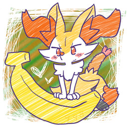 ambiguous_anthro ambiguous_gender anthro banana biped blush blush_stickers border closed_smile dipstick_tail food fruit heart_symbol markings micro mouth_closed no_pupils number object_in_tail on_one_leg plant shrimp_(food) simple_background smile snout solo standing tail tail_markings white_border annyui0611 nintendo pokemon braixen canid generation_6_pokemon mammal pokemon_(species) 1:1 2024 digital_drawing_(artwork) digital_media_(artwork) full-length_portrait hi_res japanese_description portrait translated_description