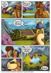annoyed anthro backpack black_hair blue_eyes breasts canid canine clothed clothing cloud comic detailed_background dialogue digital_media_(artwork) drinking english_text farm farming female fenavi_montaro fennec_fox feretta fingerless_(marking) flower forest fox fur grass hair herm_(lore) hi_res high_place insult lake mammal mountain peaceful plant pond profanity rear_view robe rock scenery shrub sky solo speech_bubble tail tale_of_tails text tree true_fox water water_skin wiping_mouth yellow_body yellow_fur