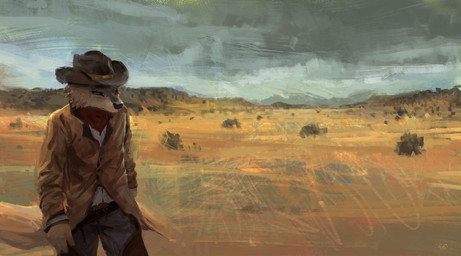 anthro bottomwear chaps cheek_spots clothing cowboy cowboy_hat denim denim_bottomwear denim_clothing detailed_background duster_coat freckled_face freckles front_view fur grass hat headgear headwear jeans kerchief landscape landscape_background looking_back male mountain neckerchief neckwear pants plains plant solo tan_body tan_fur text walking racoonwolf dakota_asbury canid canine canis coyote mammal absurd_res english_text hi_res huge_filesize
