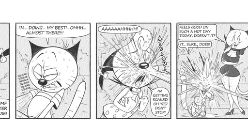 3_toes 4_fingers accessory age_difference anthro arm_under_breasts arms_bent asking asking_another bare_shoulders bedroom_eyes bell bell_collar bent_legs big_breasts big_eyes big_mouth_(anatomy) biped bite biting_lip biting_own_lip black_text blush blush_lines bodily_fluids border bow_(feature) bow_ribbon breast_size_difference breasts cleavage cleavage_overflow clenched_teeth clothed clothed_anthro clothed_female clothed_male clothing clothing_pull collar collarbone crooked_tail curved_eyebrows dialogue don't_stop dress dress_pull ear_bow ellipsis extended_arms eyebrows eyelashes eyes_closed eyes_mostly_closed feet female fingers flat_chested footwear freckled_face freckles fur fur_tuft furgonomics gesture glistening glistening_nose grass group half-closed_eyes hand_gesture hand_on_face hands_on_own_face happy head_tuft high_heels holding_object holding_toy holding_toy_gun holding_water_gun huge_breasts huge_hips humanoid_hands humor innuendo iris knock-kneed larger_female leaning leaning_forward legs_together long_eyelashes long_tail long_whiskers looking_at_another looking_forward male male/female markings mature_anthro mature_female name_drop name_in_dialogue narrowed_eyes neck_bow older_female one_eye_half-closed open_mouth open_smile outside pattern_clothing pattern_dress pattern_shirt pattern_t-shirt pattern_topwear plant plantigrade pointy_ears prick_ears pseudo_hair question raised_eyebrow raised_finger raised_heel raised_index_finger ribbons round_head sandals seductive self_bite shirt shoes shrub size_difference small_waist smaller_female smaller_male smile snout sound_effects speech_bubble splash splashing_water spots spotted_clothing spotted_dress squeaking standing star_pupils striped_clothing striped_markings striped_shirt striped_t-shirt striped_tail striped_topwear stripes sweat sweaty_face swish_(sound_effect) t-shirt tag_question tail tail_accessory tail_bow tail_markings tail_ribbon talking_to_another teeth text thick_thighs title toes tongue topwear toy toy_gun translucent tree trio tuft twin_ear_bows water water_gun whisker_markings whiskers white_border wide_eyed wide_hipped_anthro wide_hipped_female wide_hips yes-no_question young young_anthro young_female young_male younger_female younger_male unbakable the_complex_adventures_of_eddie_puss eddie_puss mother_puss nymphie_(tcaoep) domestic_cat felid feline felis mammal 2025 absurd_res comic digital_drawing_(artwork) digital_media_(artwork) english_text greyscale hi_res long_image monochrome signature wide_image mother_(lore) mother_and_child_(lore) mother_and_son_(lore) parent_(lore) parent_and_child_(lore) parent_and_son_(lore) son_(lore)