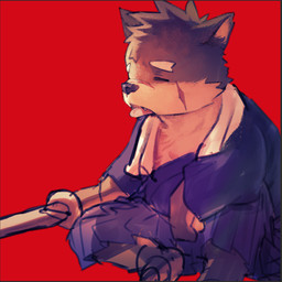anthro border countershade_fur countershading exhausted eyes_closed facial_scar fur grey_body grey_border grey_fur holding_melee_weapon holding_object holding_sword holding_weapon kemono male melee_weapon overweight overweight_anthro overweight_male scar sitting sitting_on_ground solo sword tongue tongue_out weapon white_body white_countershading batten_xxxx canid canine canis mammal wolf