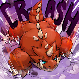 2_horns ambiguous_gender back_spikes blue_eyes blue_pupils claws cracked_ground feral furrowed_eyebrows head_horn high-angle_view horn large_comic motion_lines onomatopoeia open_mouth orange_body pupils purple_background quadruped simple_background snout solo sound_effects spiked_tail spikes spikes_(anatomy) tail text tongue_showing underbite white_sclera waddledox dodongo 1:1 2024 absurd_res comic digital_drawing_(artwork) digital_media_(artwork) english_text full-length_portrait hi_res portrait