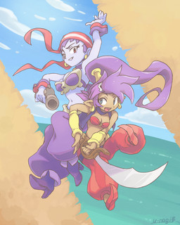 blue_body blue_eyes blue_skin breasts clothing duo ear_piercing ear_ring female footwear gun hair handgun humanoid_pointy_ears kerchief long_hair melee_weapon not_furry piercing pointy_ears ponytail purple_hair ranged_weapon red_eyes ring_piercing simple_background sword tan_body tan_skin weapon u-nagi shantae_(series) wayforward risky_boots shantae genie human humanoid mammal 2022 signature