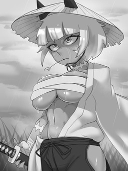arm_scar asian_clothing athletic athletic_female athletic_humanoid big_breasts blush blush_lines bottomwear breasts chest_wraps cleavage clothed clothing cloud cone_hat east_asian_clothing eyelashes female focused glistening glistening_breasts grass hakama hand_wraps hat headgear headwear holding_katana holding_melee_weapon holding_object holding_sword holding_weapon japanese_clothing katana kimono leaf leaf_in_mouth melee_weapon midriff narrowed_eyes navel neck_scar off_shoulder outside plant raining ronin scabbard scar shadowed_eyes sheathed_katana sky solo standing straw_hat sword under_boob warrior weapon wet wet_body wet_skin wraps painting_fish skullgirls nadia_fortune animal_humanoid cat_humanoid felid felid_humanoid feline feline_humanoid humanoid mammal mammal_humanoid 2022 3:4 absurd_res digital_drawing_(artwork) digital_media_(artwork) greyscale half-length_portrait hi_res monochrome portrait