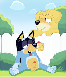 anthro bodily_fluids cum cum_on_face duo erection fellatio genital_fluids genitals glory_hole humanoid_genitalia humanoid_penis male male/male on_model oral penile penis sex style_emulation courtzside45 bluey_(series) bandit_heeler pat_(bluey) australian_cattle_dog bird_dog canid canine canis cattledog domestic_dog herding_dog hunting_dog labrador mammal pastoral_dog retriever hi_res