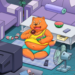 anthro belly black_nose bottomwear clothing cute_fangs detailed_background eating electric_fan electronics eyes_closed eyewear fangs food fruit fur furniture glasses inside kemono male melon navel orange_body orange_fur overweight overweight_male plant shirt shorts sitting sofa solo teeth television topwear watermelon tunx2 domestic_cat felid feline felis mammal 1:1 2022 hi_res