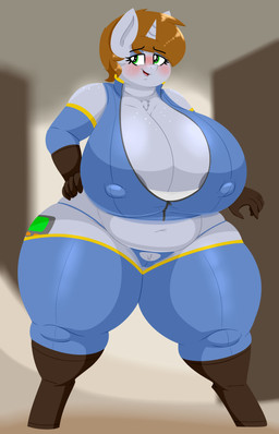 alternate_universe anthro anthrofied areola big_breasts breasts brown_hair chest_tuft cleavage clothed clothing female hair horn huge_breasts nipple_outline overweight overweight_anthro overweight_female panties pubes solo thick_thighs tuft underwear coatieyay fallout fallout_equestria hasbro microsoft my_little_pony mythology fan_character littlepip equid equine horse mammal mythological_creature mythological_equine pony unicorn absurd_res hi_res