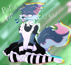 anthro arm_warmers armwear clothed clothing crossdressing dress eyewear frittle fur glasses green_body green_fur legwear maid_uniform male solo tail thigh_highs tongue tongue_out uniform anonymous_artist canid canine fox mammal