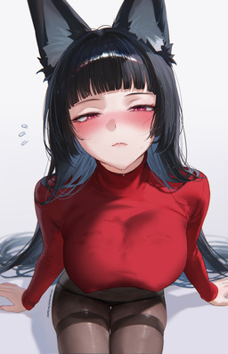 bangs big_breasts black_clothing black_hair black_legwear black_panties black_pantyhose black_underwear blunt_bangs blush bodily_fluids breasts clothing emanata female hair inner_ear_fluff legwear long_hair long_sleeves looking_at_viewer nipple_outline panties pantyhose red_clothing red_eyes red_sweater red_topwear simple_background sitting skindentation solo sweat sweater text topwear tuft underwear white_background qiandaiyiyu mihoyo zenless_zone_zero hoshimi_miyabi animal_humanoid canid canid_humanoid canine canine_humanoid fox_humanoid humanoid mammal mammal_humanoid thiren absurd_res digital_drawing_(artwork) digital_media_(artwork) hi_res url