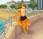 abs anthro athletic athletic_male beach black_nose brown_ear_tips brown_hair brown_stripes clothed clothing dipstick_ears dipstick_tail ear_markings eyewear fur hair leaning leaning_backward leaning_on_wall looking_at_viewer low_wall male markings multicolored_body multicolored_ears multicolored_fur nipples orange_body orange_fur orange_tail pecs pink_nipples pose seaside seductive smile smiling_at_viewer solo standing stripes summer sunglasses swimming_trunks swimwear tail tail_markings tan_body tan_fur tan_tail_tip topless topless_male two_tone_body two_tone_fur pascalthepommie aless-sotan canid canine fox mammal digital_drawing_(artwork) digital_media_(artwork) hi_res pinup