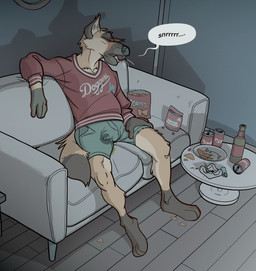 accident alcohol anthro bedwetting beer beverage beverage_can bodily_fluids bulge chips_(food) college_student detailed_background drugs food genital_fluids lighter male marijuana night nocturnal_enuresis sleeping slob solo stained_clothing stoned substance_intoxication urine wetting milkhat canid canine canis domestic_dog mammal hi_res