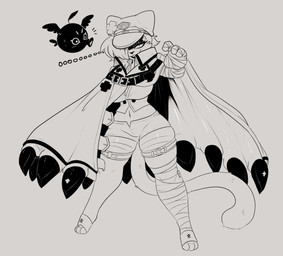 4_fingers anthro bandage cape clothing eyeshadow female fingers fluffy fluffy_tail furgonomics hair hat headgear headwear legwear makeup narrowed_eyes navel one_eye_obstructed paws short_hair slim solo tail text thigh_highs wide_hips jinx_doodle arc_system_works guilty_gear guilty_gear_strive ramlethal_valentine domestic_cat felid feline felis mammal 2021 english_text hi_res sketch