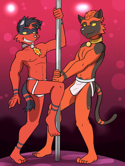 anthro anthrofied bell bell_collar bulge clothed clothing collar dancing duo feet humanoid_feet jockstrap male navel nipples plantigrade pokemorph pole pole_dancing strip_club stripper stripper_pole topless underwear underwear_only fuze nintendo pokemon dylan_(zourik) lucas_(fuze) generation_7_pokemon pokemon_(species) torracat 3:4 hi_res
