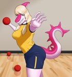 anthro athletic_wear blonde_hair blue_eyes bottomwear breasts bubble_butt butt clothing curvy_figure detailed_background dodgeball eyelashes female fingers gym gym_bottomwear gym_shorts gymnasium hair inside long_hair long_tail looking_at_viewer magenta_body magenta_scales multicolored_body multicolored_scales pink_body pink_scales scales sharp_teeth shorts smile snout solo spikes spikes_(anatomy) tail teeth two_tone_body two_tone_scales unknown_artist cavemanon_studios i_wani_hug_that_gator mia_moretti dinosaur hadrosaurid ornithischian ornithopod parasaurolophus prehistoric_species reptile scalie 2023 digital_drawing_(artwork) digital_media_(artwork) hi_res