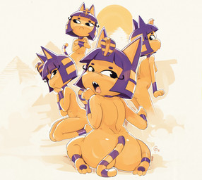 anthro blue_hair breasts butt female hair markings multiple_poses nude pose solo stripes tail uraeus yellow_body edtropolis animal_crossing nintendo ankha_(animal_crossing) domestic_cat felid feline felis mammal hi_res