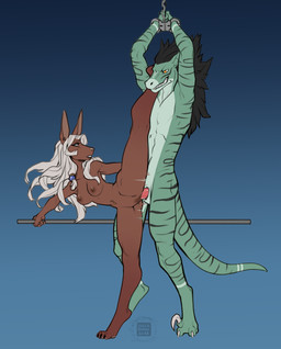 accessory anthro black_hair breasts brown_body claws cuff_(restraint) digitigrade duo female female_penetrated genitals green_body hair hair_accessory handcuffed handcuffs jackal_ears lizard_tail male male/female male_penetrating male_penetrating_female markings metal_cuffs nipples nude nude_anthro nude_female nude_male penetration penile penile_penetration penis penis_in_vagina restraints sex sickle_claw simple_background slit_penis smile striped_markings stripes tail toe_claws vaginal vaginal_penetration vulva white_hair yellow_eyes faint jesenna_(maaarked_one) leo_(maaarked_one) anubian_jackal canid canine canis durachev jackal lizard mammal reptile scalie digital_media_(artwork) hi_res