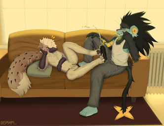 anthro blush bodily_fluids casual_sex clothed clothing cum cum_on_feet cum_on_leg duo ejaculation eye_contact feet female foot_fetish foot_play footjob foreskin freckles furniture genital_fluids genitals humanoid_genitalia humanoid_penis looking_at_another male male/female partially_clothed pawpads penile penis pokemorph sex size_difference sofa surprised sweat sweatdrop two-footed_footjob vulva kethra mythology nintendo pokemon sonya_henrikh avian generation_4_pokemon gryphon luxray mythological_avian mythological_creature pokemon_(species) absurd_res hi_res