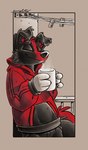 anthro beverage black_body black_fur candy chocolate clothing coffee coffee_cup coffee_mug container cozy cup dessert eyes_closed fence food fur hoodie hot_beverage hot_chocolate hot_drink markings red_body red_clothing red_fur red_hoodie red_markings red_topwear simple_background simple_color simple_coloring simple_colors smile steam topwear softailfox black_and_white digital_drawing_(artwork) digital_media_(artwork) hi_res monochrome shaded simple_shading sketch spot_color