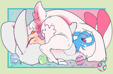 69_position animal_genitalia anthro anus big_ears blue_body bodily_fluids buckteeth bunny_costume clothing costume deep_throat duo easter_egg egg eyes_closed fellatio genital_fluids genital_slit genitals grass hand_on_butt holidays male male/male markings oral oral_penetration paws penetration penile pink_anus pink_eyes pink_nose plant precum saliva seam_(sewing) sex smile tail teeth wet bunzillaking easter league_of_legends riot_games tencent fizz_(lol) teemo_(lol) atlantean yordle ears absurd_res digital_media_(artwork) hi_res watermark