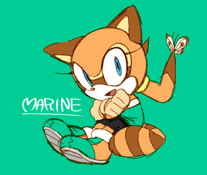 anthro blue_eyes bottomwear clothed clothing crossed_arms facial_markings female footwear fur green_background head_markings looking_at_viewer markings mask_(marking) open_mouth open_smile orange_body orange_fur ring_(marking) ringed_tail shirt shoes shorts side_view simple_background sitting smile solo striped_markings striped_tail stripes tail tail_markings text topwear pokunchan sega sonic_the_hedgehog_(series) marine_the_raccoon ambient_arthropod ambient_butterfly ambient_insect mammal procyonid raccoon 2013 character_name digital_drawing_(artwork) digital_media_(artwork) full-length_portrait portrait