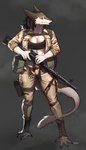 4_toes abs anthro barefoot breasts camo chromatic_aberration cleavage clothed clothing feet female gun machine_gun mg30 military pouches ranged_weapon simple_background solo spread_toes standing tail toes weapon pgm300 sergal 2021 absurd_res digital_media_(artwork) hi_res shaded