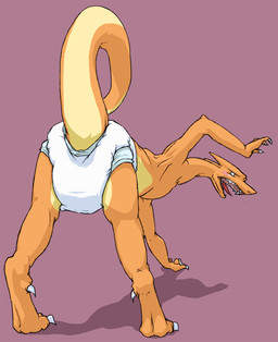 anthro biped blush claws clean_diaper clothed clothing diaper embarrassed long_tail looking_back male open_mouth orange_body raised_tail rear_view sharp_teeth simple_background solo tail teeth toe_claws tongue tongue_out topless wearing_diaper crackajackin mythology nintendo pokemon dragon generation_1_pokemon mythological_creature mythological_scalie pokemon_(species) reptile scalie 2010 digital_media_(artwork) hi_res