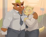 anthro blush bottomwear brown_body brown_fur clothing duo fur hug humanoid_hands kemono male male/male necktie outside overweight overweight_male pants shirt topwear morningbread16 mekko_rarekko buchi yamano_taishou canid canine canis domestic_dog mammal 2021 hi_res