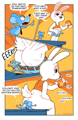 accessory anthro bottomless bottomless_anthro bottomless_male butt clothed clothing dialogue drinking extreme_size_difference fur humor landlord male micro_male necktie oblivious size_difference text white_body white_fur redic-nomad dumbwhore_(redic-nomad) lagomorph leporid mammal mouse murid murine rabbit rodent 2026 absurd_res comic english_text hi_res