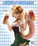 2018 alcohol anthro australian_shepherd bare_shoulders barmaid beer beverage black_nose blonde_hair blue_eyes braided_hair canid canine canis clothed clothing conditional_dnp digital_media_(artwork) dirndl domestic_dog exposure_variation female floppy_ears fluff-kevlar fur furgonomics german_text hair herding_dog holidays long_hair mammal oktoberfest pastoral_dog pattern_background sheepdog signature simple_background smile solo spots text translated upskirt zofie_(fluff-kevlar)