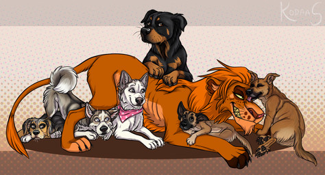 ambiguous_feral ambiguous_gender black_body black_claws black_fur black_nose blue_eyes brown_body brown_eyes brown_fur brown_nose chin_tuft claws dotted_background eyes_closed facial_tuft feral floppy_ears freckled_face freckles fur green_eyes grey_body grey_fur group heterochromia lying male male_feral mane mouth_closed on_front orange_body orange_eyes orange_fur orange_mane pattern_background pink_nose simple_background tan_body tan_fur tuft whiskers white_body white_fur kodaac canid canine canis domestic_dog felid lion mammal pantherine