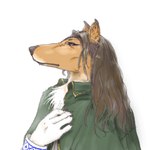 anthro black_nose brown_hair clothed clothing eyebrows eyelashes female fingering fingers fur green_clothing green_topwear hair inner_ear_fluff long_hair looking_at_viewer mouth_closed orange_body orange_fur red_eyes ruff side_view simple_background snout solo topwear tuft white_background white_body white_fur 4chan_anon canid canine canis domestic_dog hybrid mammal 1:1 2025 digital_media_(artwork) half-length_portrait low_res oekaki portrait shaded soft_shading tegaki_(artwork)