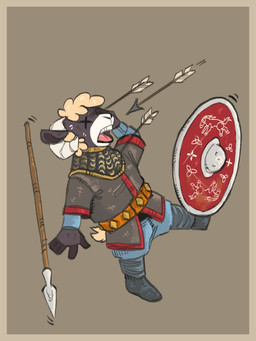 anthro armor arrow_(weapon) belt blonde_hair boots border chainmail clothed clothed_anthro clothed_male clothing corpse death ears_up footwear hair horn male medieval medieval_armor medieval_clothing medieval_fantasy medieval_shield melee_weapon military open_mouth polearm ranged_weapon shield shoes soldier solo spear teeth teeth_showing tongue warrior weapon yellow_border mawkvlt bovid caprine mammal sheep 3:4 hi_res