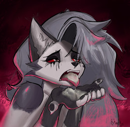 anthro bodily_fluids cum cum_drip cum_in_mouth cum_inside cum_on_hand cum_on_tongue dripping female fur genital_fluids grey_body grey_fur grey_hair hair looking_pleasured makeup open_mouth red_eyes running_makeup simple_background solo tongue maiku_yugen hellaverse helluva_boss loona_(helluva_boss) canid canine canis mammal wolf hi_res