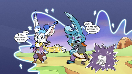 antennae_(anatomy) bat_wings blue_nose bottomwear clothing dialogue duo electronics female fingerless_gloves fur game_console gloves handwear jacket male membrane_(anatomy) membranous_wings mid_transformation nintendo_2ds_console pom_antennae reality_shift shorts speech_bubble striped_body striped_fur stripes text topwear transformation whiskers white_body white_fur wings trevor-fox ever_oasis nintendo nintendo_3ds nintendo_ds_family erakir_(character) ivalician_moogle lagora 16:9 english_text hi_res widescreen