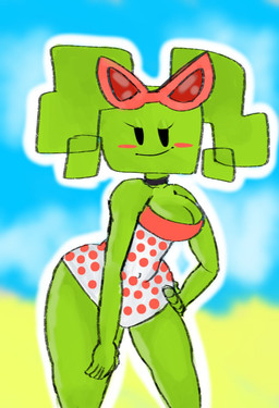 beach bedroom_eyes big_breasts black_choker black_eyes black_jewelry black_necklace blue_sky blush blush_stickers breasts choker cleavage clothed clothing eyewear eyewear_on_head female female_humanoid green_body green_breasts green_hair green_skin hair hand_on_hip hand_on_own_hip jewelry looking_at_viewer narrowed_eyes navel_outline necklace not_furry outline outside pigtails polka_dot_clothing polka_dot_swimwear red_blush red_eyewear red_sunglasses sand sea seductive sky smile solo square_head sunglasses sunglasses_on_head swimwear thick_thighs water wearing_sunglasses white_clothing white_outline white_swimwear wide_hipped_female wide_hipped_humanoid wide_hips dumbwitchyy mario_bros nintendo paper_mario mimi_(paper_mario) humanoid 2025 digital_media_(artwork)