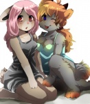 adolescent anthro blush breasts claws clothed clothing duo female hair looking_at_viewer one_eye_closed pink_hair red_eyes simple_background sitting tail tongue tongue_out underwear white_background young young_anthro miri mythology dragon lagomorph leporid mammal mythological_creature mythological_scalie rabbit scalie hi_res