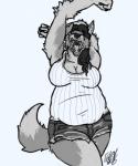 anthro arms_above_head belly big_belly big_breasts breasts cleavage clothed clothing eyes_closed female fur hair open_mouth simple_background slightly_chubby solo standing yawn eda canid canine mammal hi_res