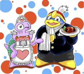 anthro beak blue_body blush butler clothed clothing crossdressing duo facial_hair food goatee green_shell hat headgear headwear holding_object holding_plate looking_at_viewer maid_uniform male mature_anthro mature_male meat open_mouth overweight overweight_anthro overweight_male pattern_background plate shell simple_background uniform yellow_beak chasoba11 kirby:_right_back_at_ya! kirby_(series) nintendo escargoon king_dedede avian bird gastropod mollusk penguin snail 2011 japanese_description