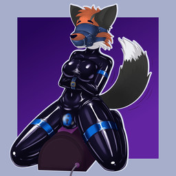 anthro bdsm blindfold bodysuit bondage bound breasts bulge chastity_bulge chastity_device clothed clothing fur gag gagged gynomorph intersex latex lock_bulge lock_symbol muzzle_(object) muzzled null_bulge restraints sex_toy simple_background skinsuit solo straitjacket submissive sybian symbol tight_clothing wearing_chastity_device dutchsyndicalist canid canine canis fox hybrid mammal wolf 1:1 digital_media_(artwork) hi_res trans_(lore) trans_woman_(lore)
